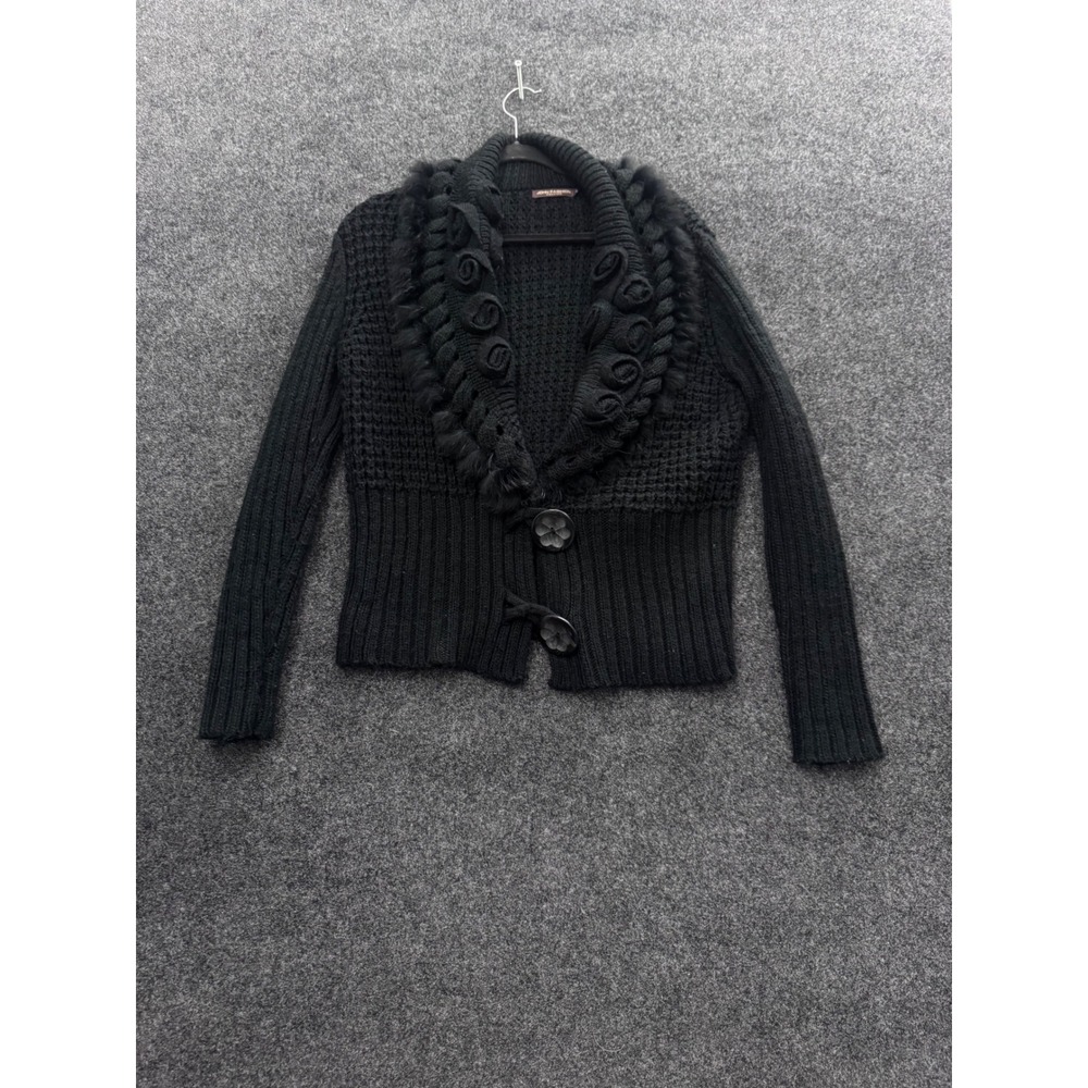 John Fashion Black Chunky Knit Cardigan Faux Fur Rosette Shawl Collar Sweater L